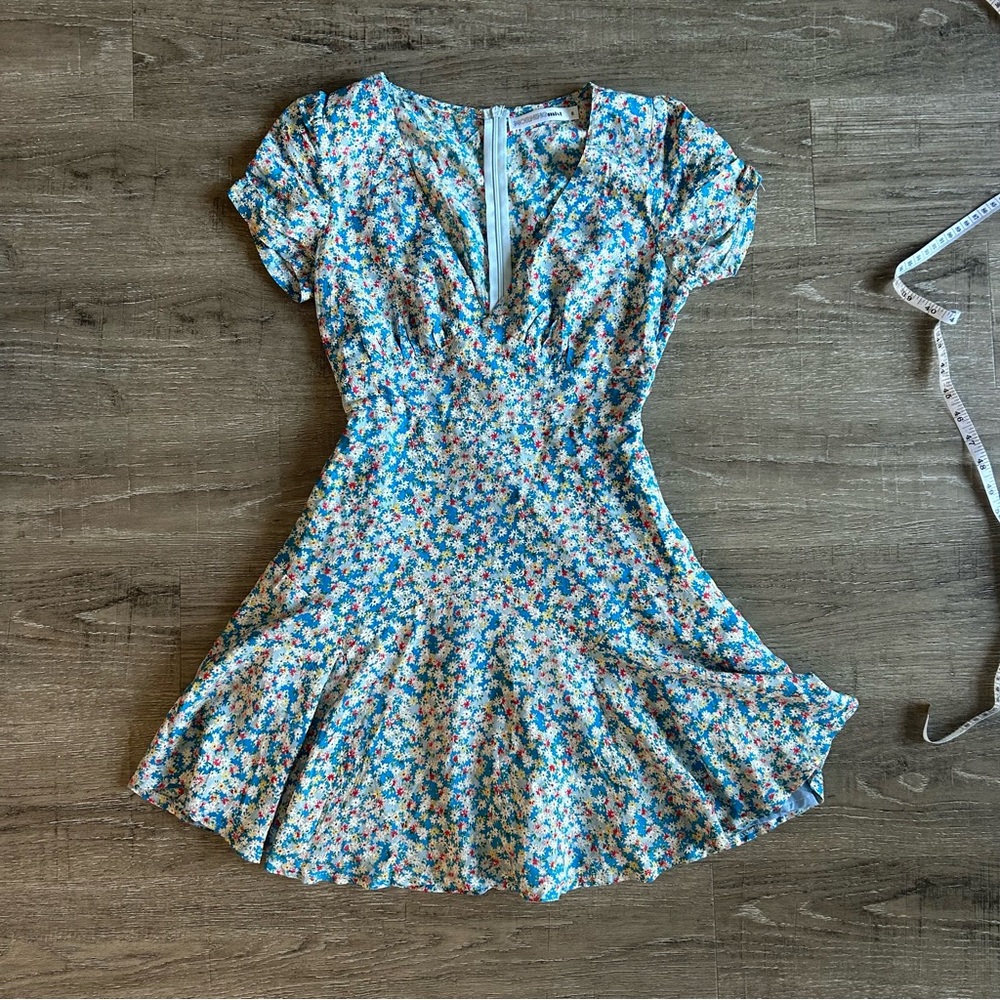Floral Blue Short Sleeve Fit-and-Flare Dress Cottage Core Fairy Skirt